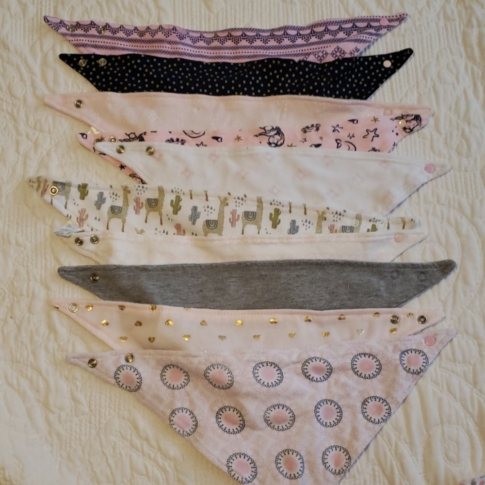 10 baby bandanas and 5 little burp cloths